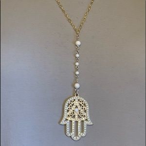 White Bead Crystal Hamsa Pendant & Gold Necklace